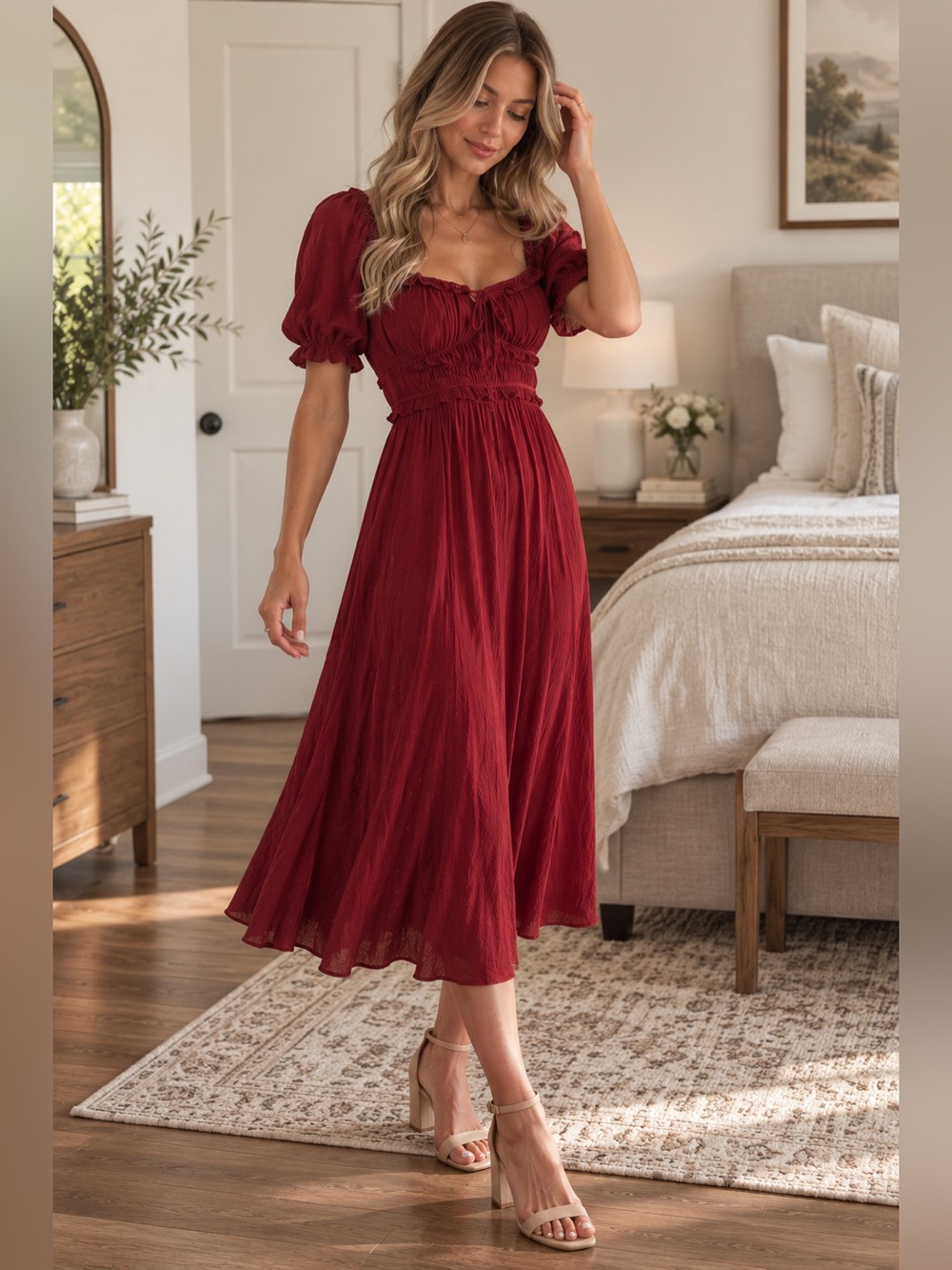 Free People Deep Red Empire-Waist Midi Dress